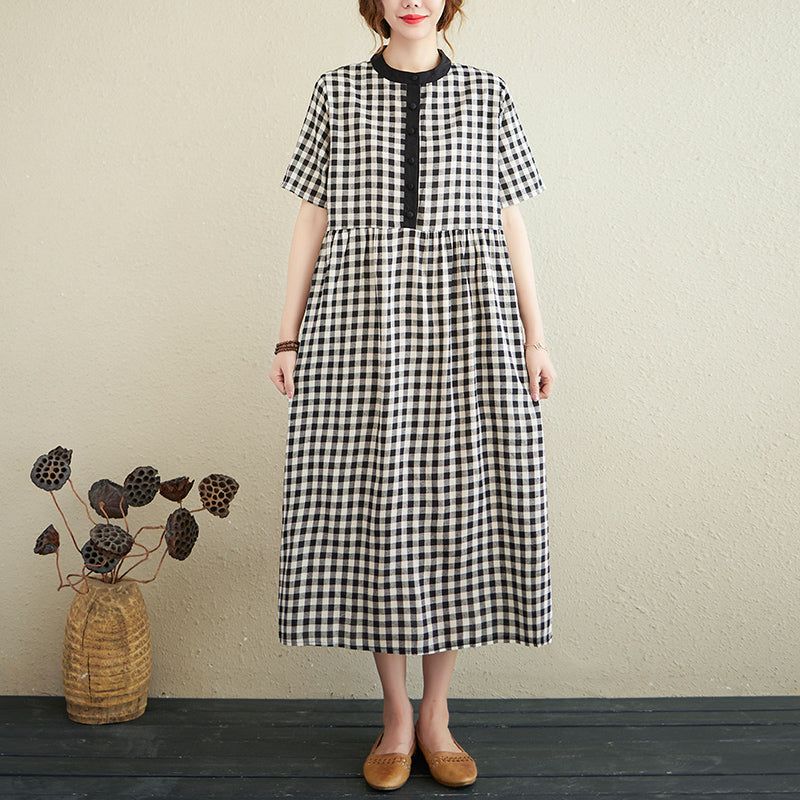 Sommer Løs Retro Bomuld Linned Plaid Kjole