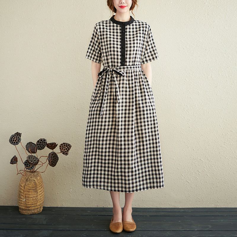 Sommer Løs Retro Bomuld Linned Plaid Kjole