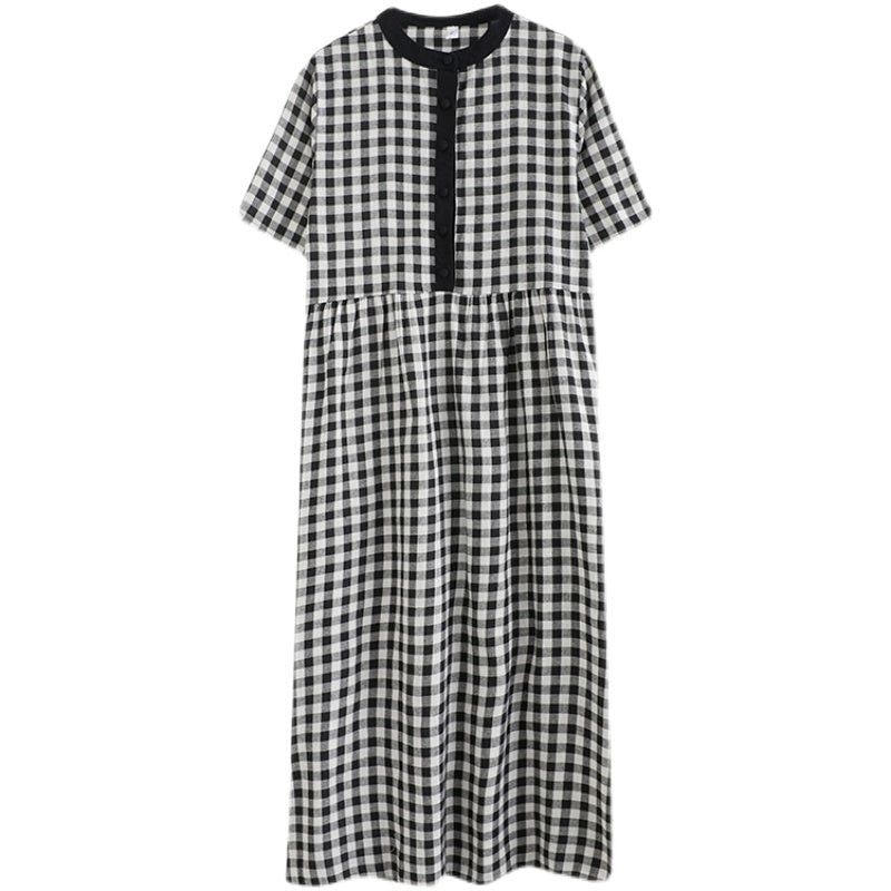 Sommer Løs Retro Bomuld Linned Plaid Kjole