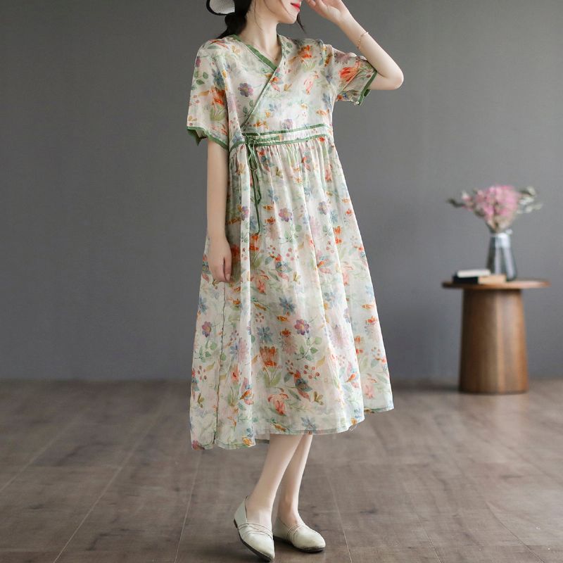 Sommer Løs Retro Floral Linned Kjole