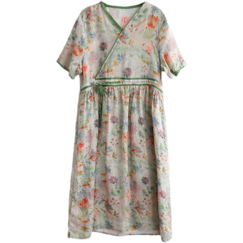 Sommer Løs Retro Floral Linned Kjole