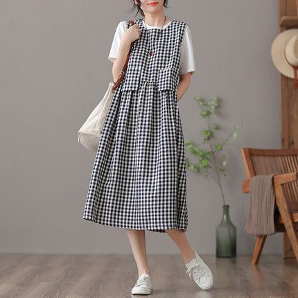 Sommer Retro Bomuld Linned Plaid Ærmeløs Kjole