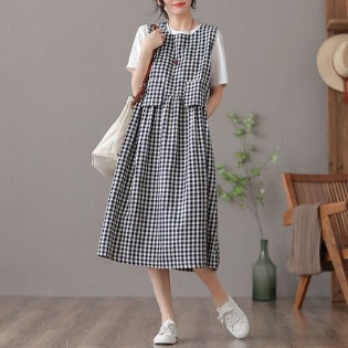 Sommer Retro Bomuld Linned Plaid Ærmeløs Kjole