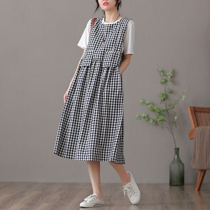 Sommer Retro Bomuld Linned Plaid Ærmeløs Kjole