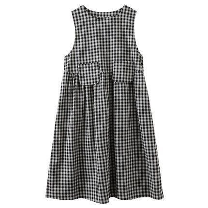 Sommer Retro Bomuld Linned Plaid Ærmeløs Kjole