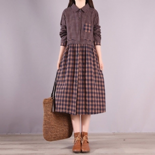 Spring Plaid Patchwork Bomuld Retro Midi Kjole