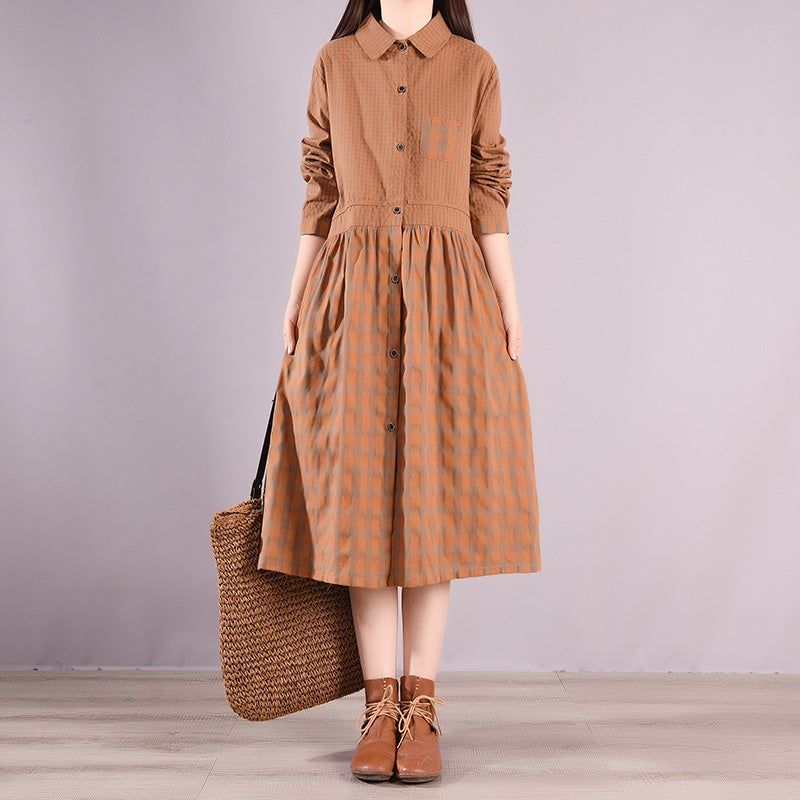 Spring Plaid Patchwork Bomuld Retro Midi Kjole