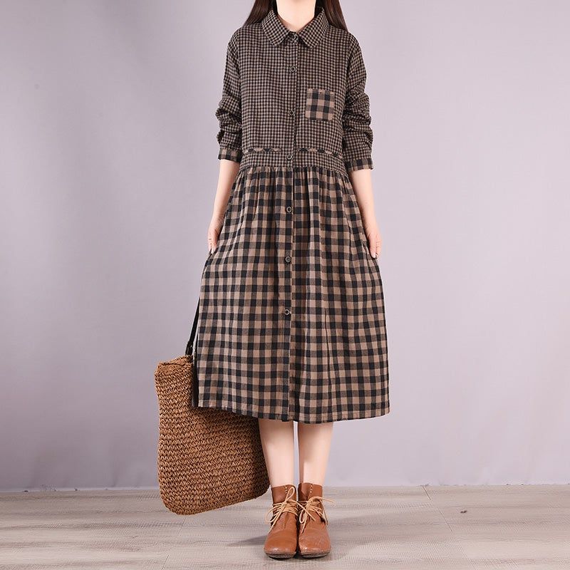 Spring Plaid Patchwork Bomuld Retro Midi Kjole