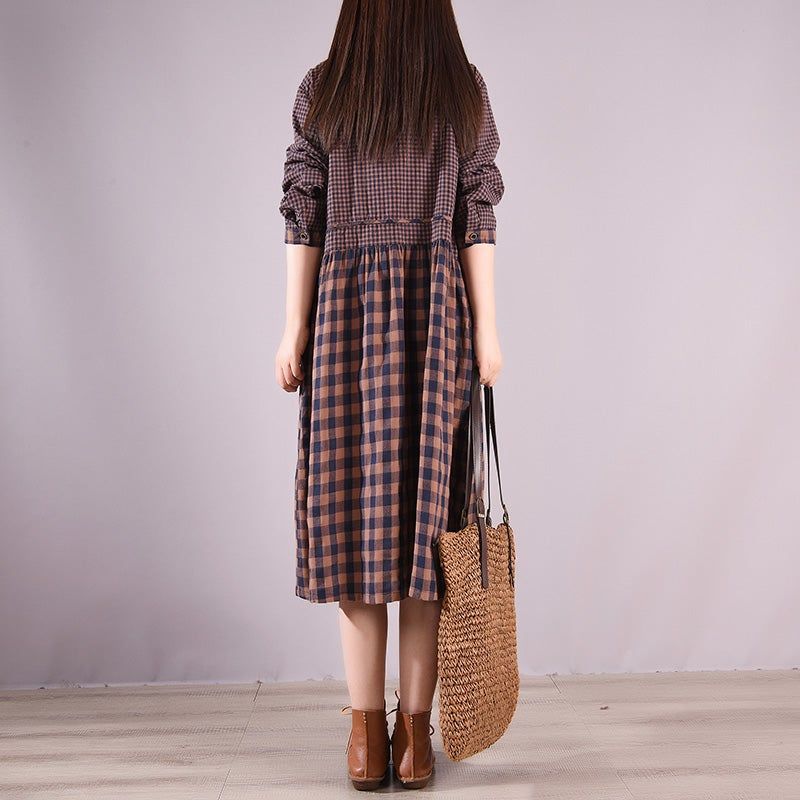 Spring Plaid Patchwork Bomuld Retro Midi Kjole