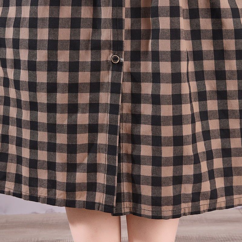 Spring Plaid Patchwork Bomuld Retro Midi Kjole