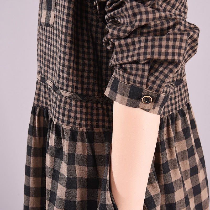 Spring Plaid Patchwork Bomuld Retro Midi Kjole