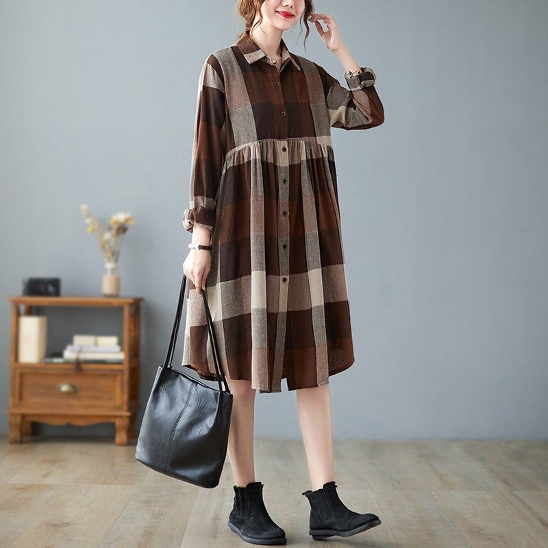 Spring Plus Size Bomuld Linned Plaid Kjole