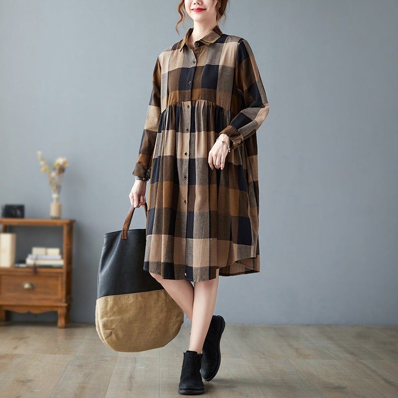 Spring Plus Size Bomuld Linned Plaid Kjole