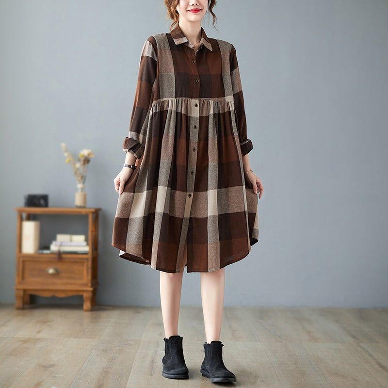 Spring Plus Size Bomuld Linned Plaid Kjole