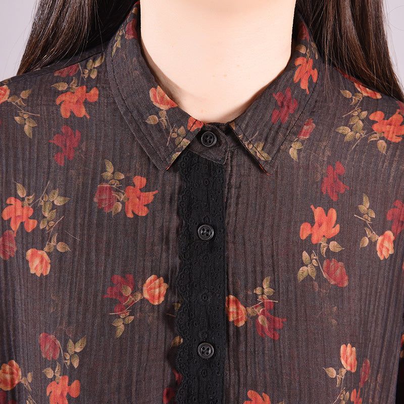 Spring Retro Floral Polo Neck Bomuld Linned Kjole