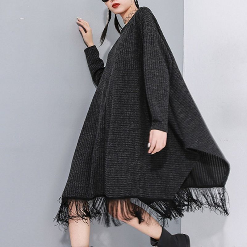 Stitching Frynsede Bat Sleeve Sweater Dress