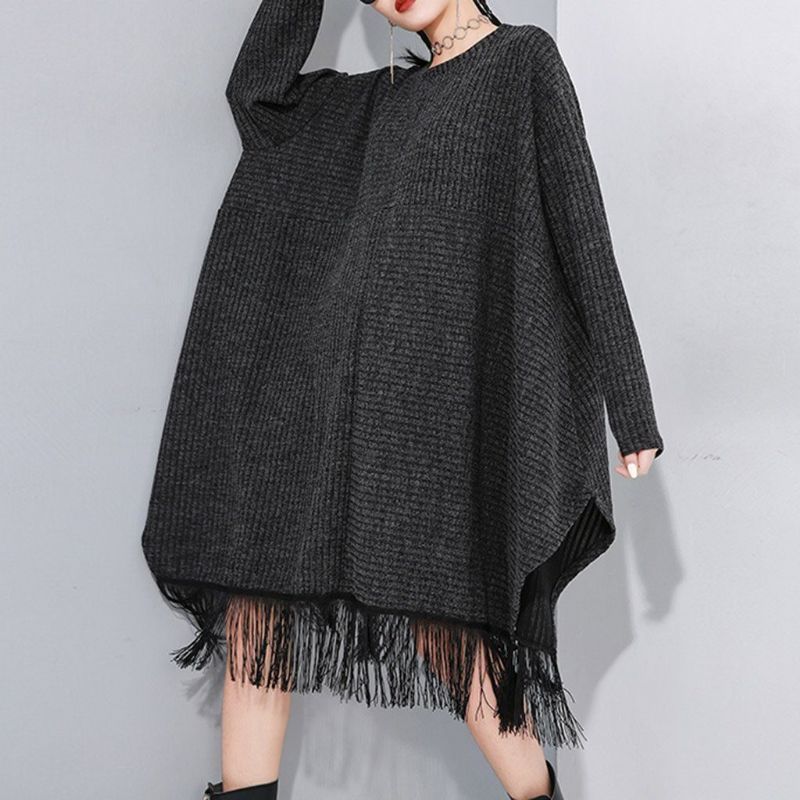 Stitching Frynsede Bat Sleeve Sweater Dress