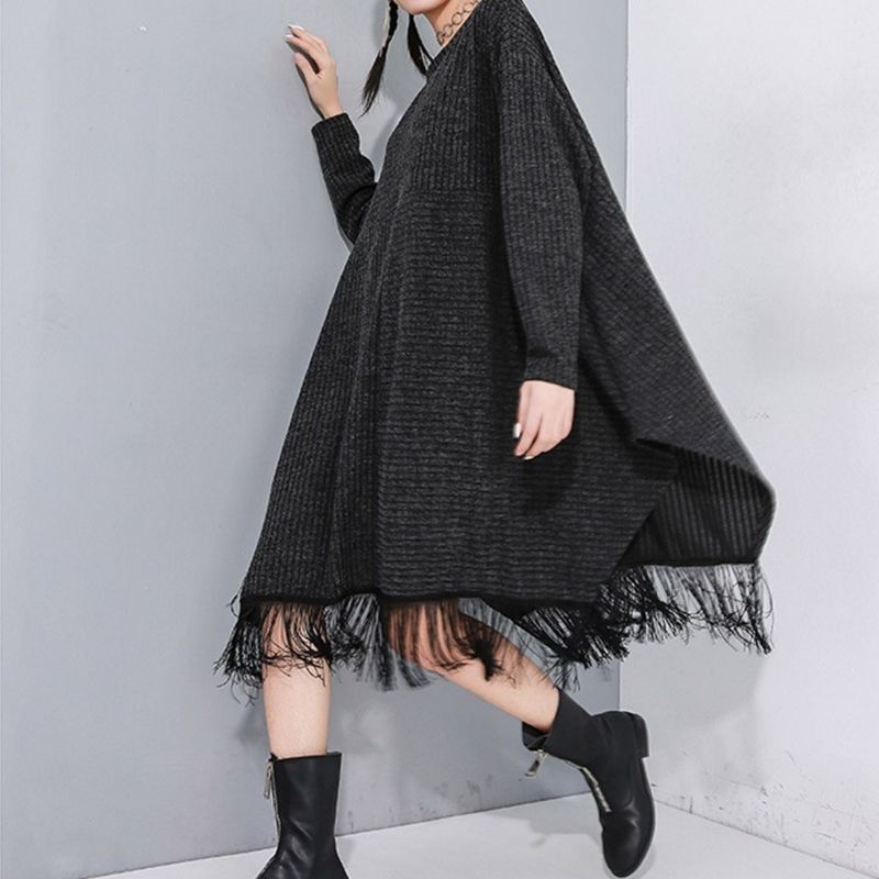 Stitching Frynsede Bat Sleeve Sweater Dress