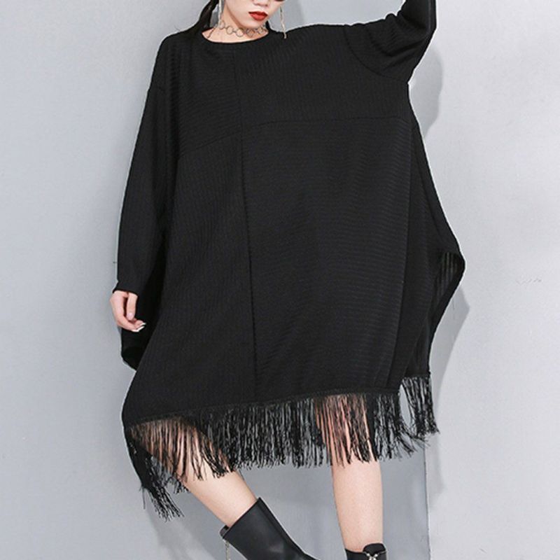 Stitching Frynsede Bat Sleeve Sweater Dress