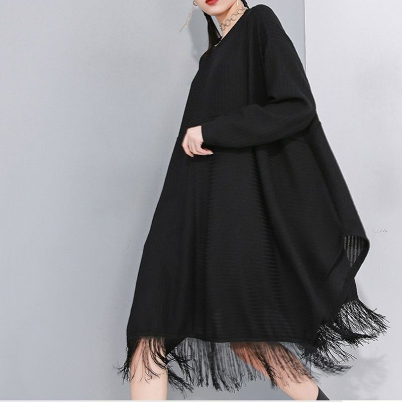 Stitching Frynsede Bat Sleeve Sweater Dress