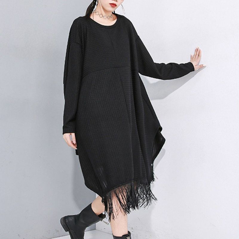 Stitching Frynsede Bat Sleeve Sweater Dress