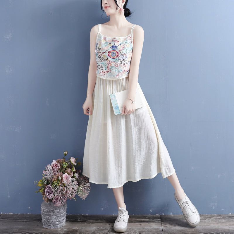 Summer Vintage Broderi Bomuld Linned Slip Dress