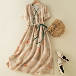 Summer Vintage Floral Linen Dress