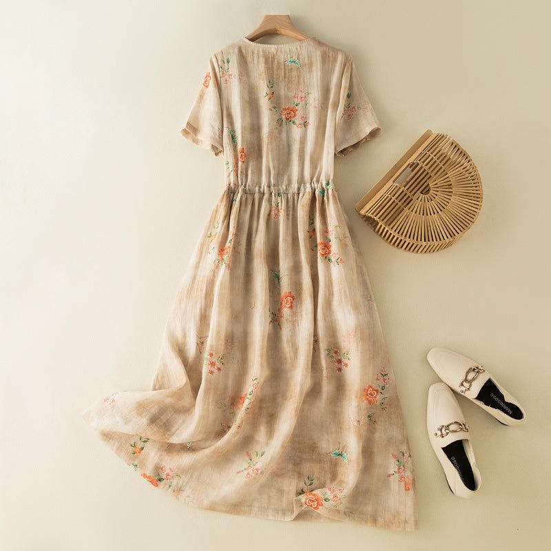 Summer Vintage Floral Linen Dress