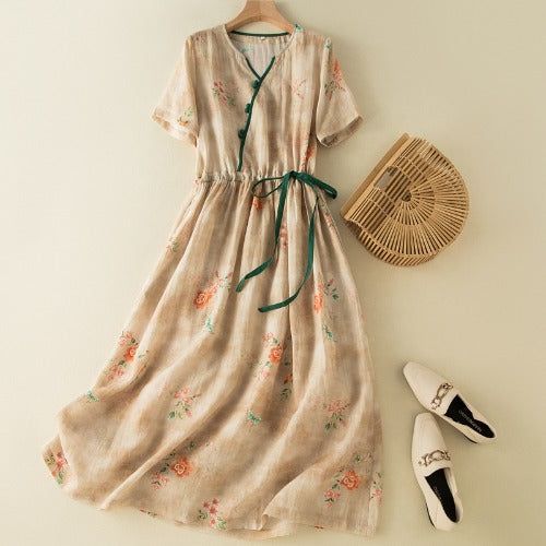 Summer Vintage Floral Linen Dress