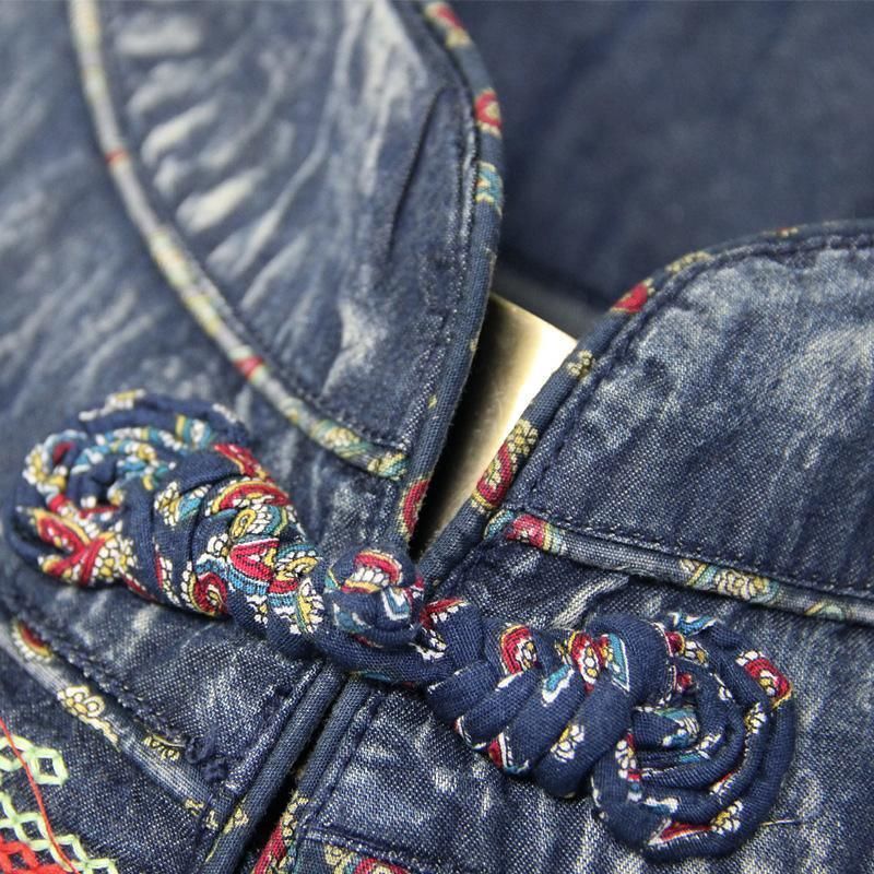 Taljebælte Broderi Vintage Dame Denim Langærmet Kjole