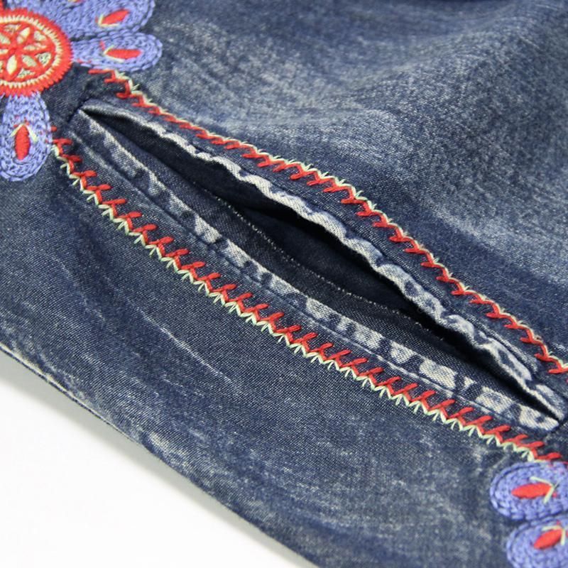 Taljebælte Broderi Vintage Dame Denim Langærmet Kjole