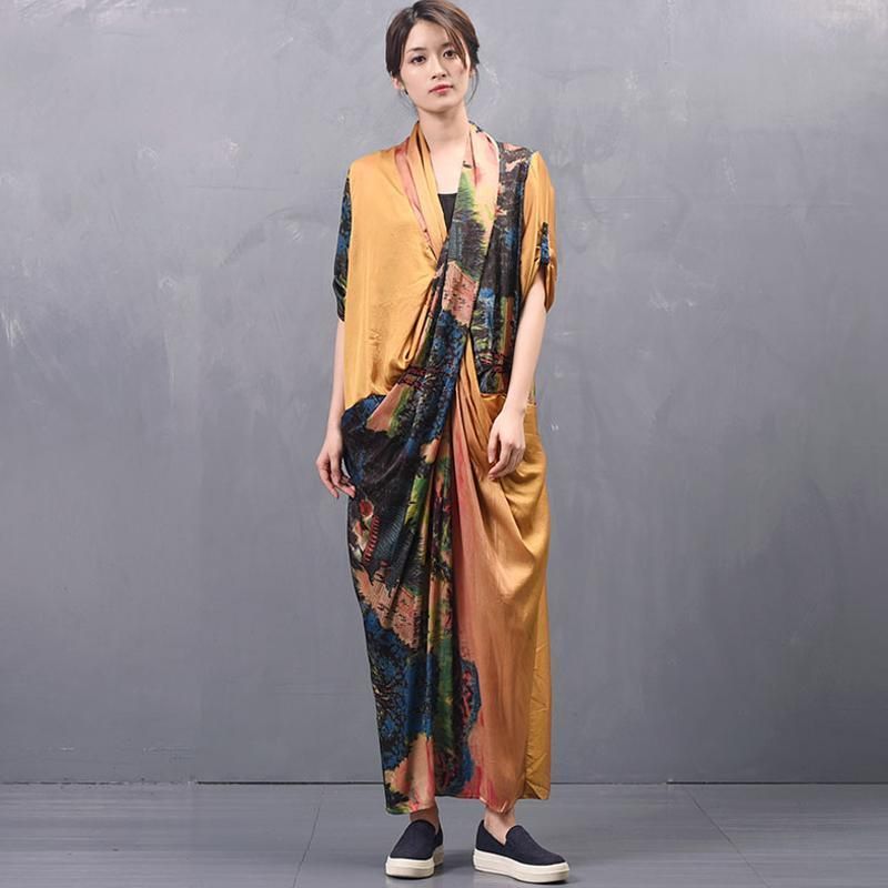 To Stykker Casual Asymmetriske Lommer Silk Maxi Kjole