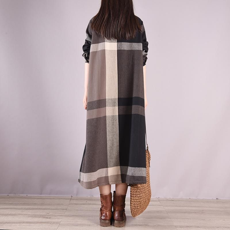 Vinter Retro Casual Bomuld Plaid Patchwork Enkeltradet Kjole