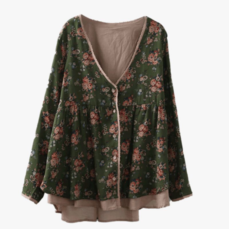 Blomster Vintage Paneleret Løs Afslappet Cardiganbluse