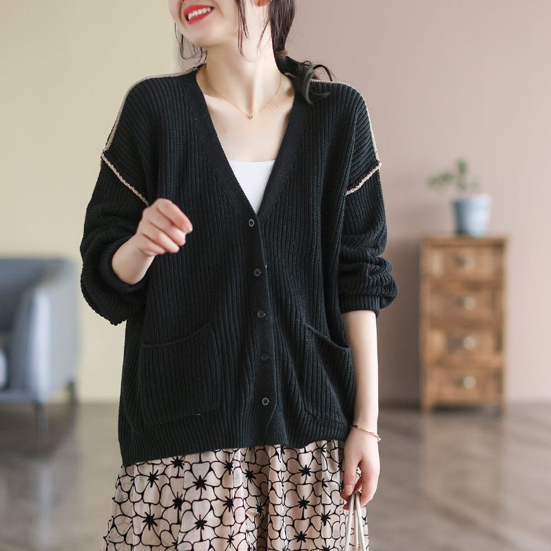 Dame Retro Bomuld Strikket Spring Løs Cardigan