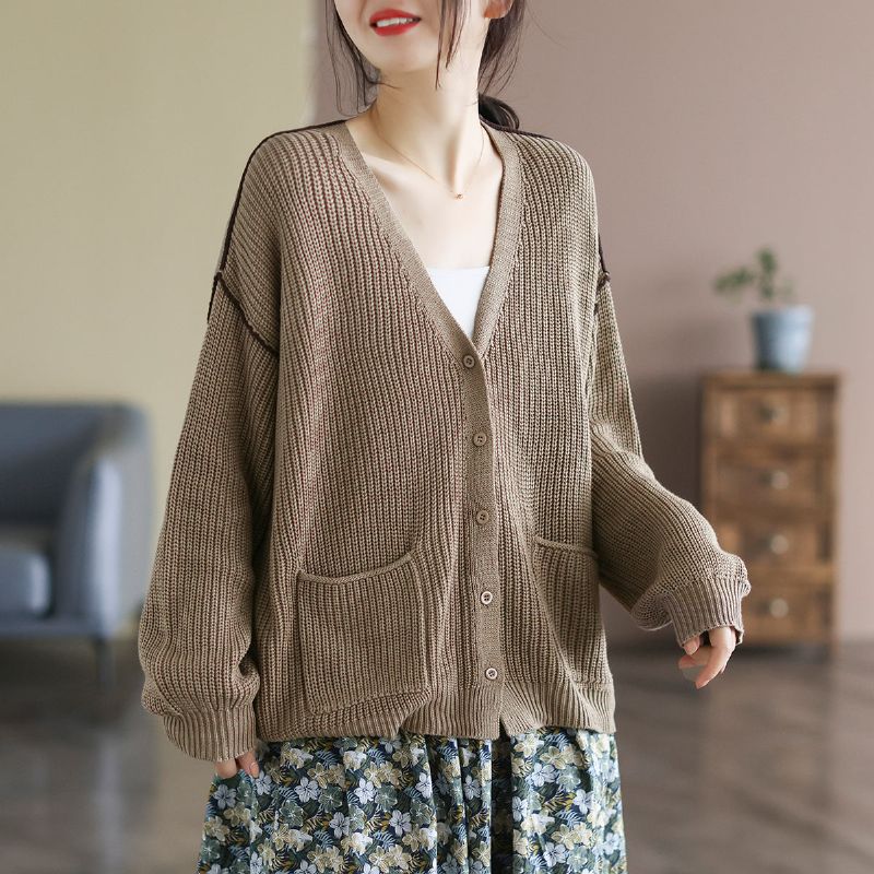 Dame Retro Bomuld Strikket Spring Løs Cardigan