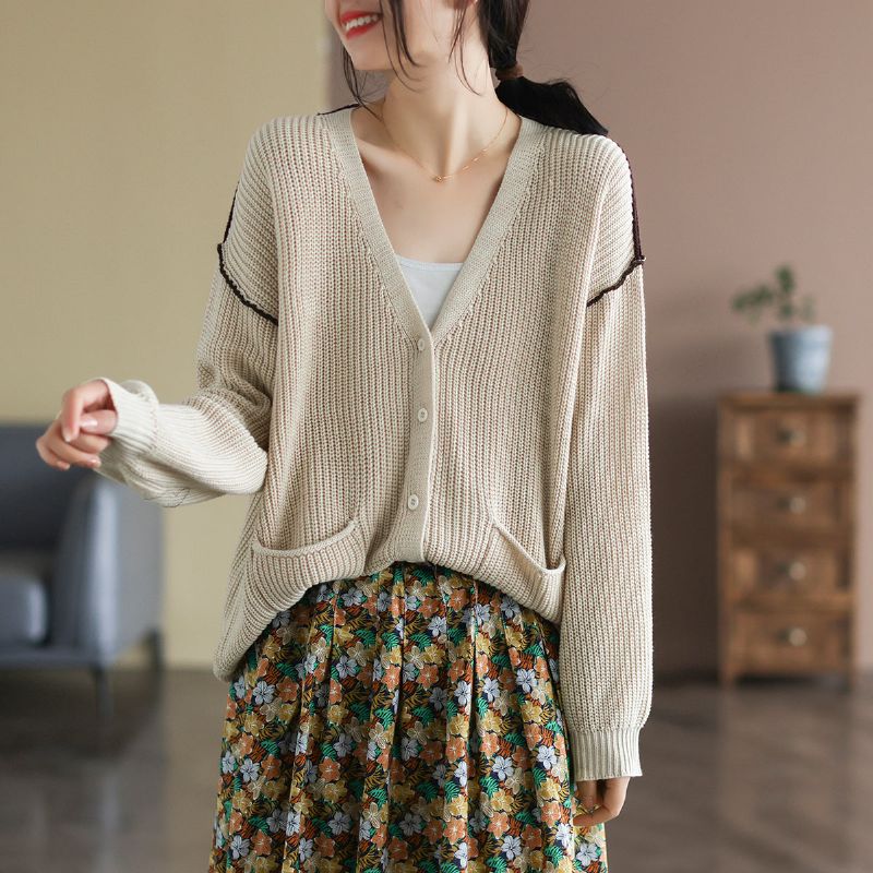 Dame Retro Bomuld Strikket Spring Løs Cardigan