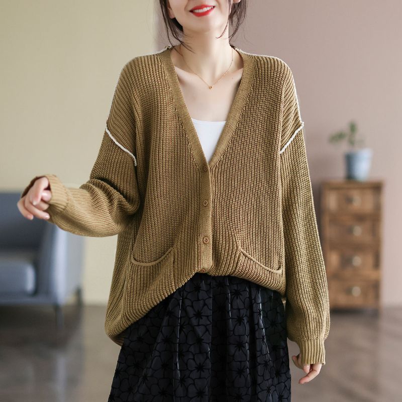 Dame Retro Bomuld Strikket Spring Løs Cardigan