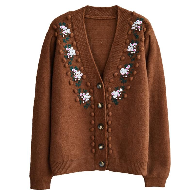 Håndlavet Broderi Strikket Vintage Cardigan