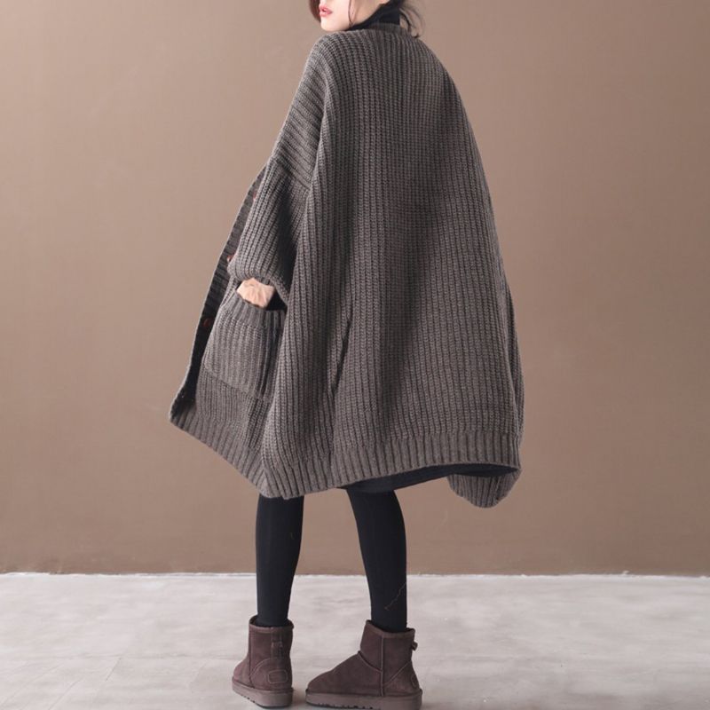 Oversize V-hals Lang Cardigan Strikket Frakke