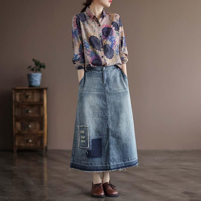 Autumn Retro Hollow A-line Denimnederdel