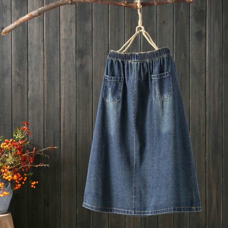 Broderet Mellemlang Retro Denimnederdel