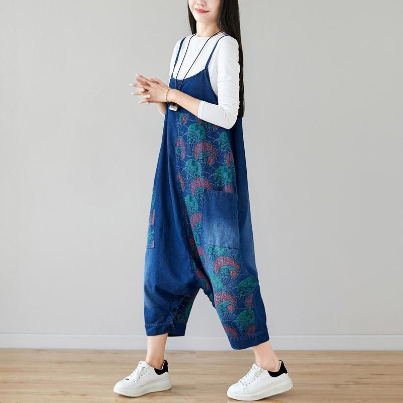 Efterår Denim Hagesmæk Løsthængende Retro Printet Nederdel Jumpsuit