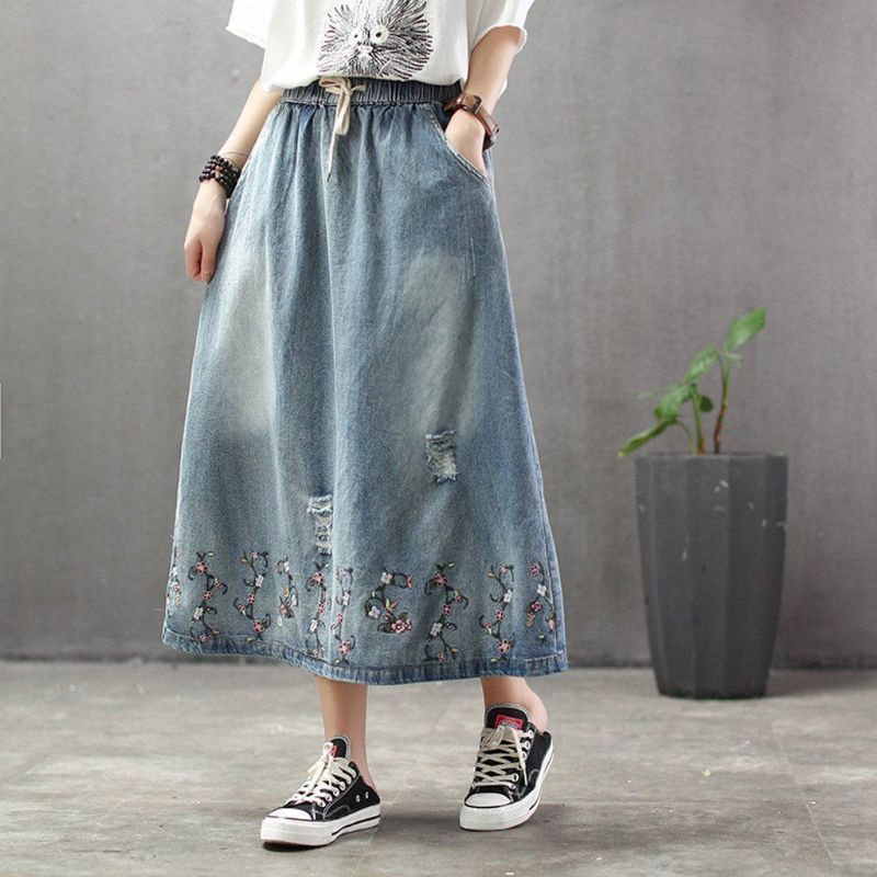 Efterår Tynd Loose Flower Brodery Retro Denim Nederdel