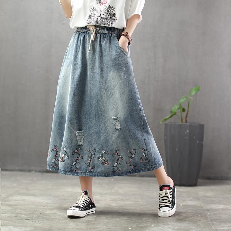 Efterår Tynd Loose Flower Brodery Retro Denim Nederdel