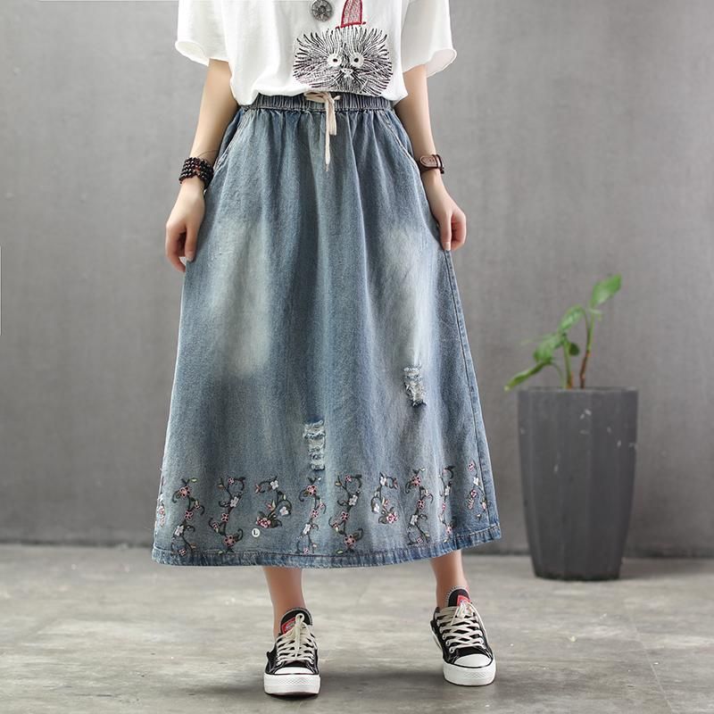 Efterår Tynd Loose Flower Brodery Retro Denim Nederdel