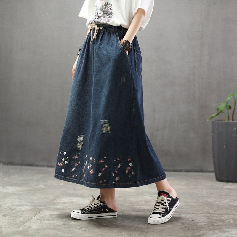 Efterår Tynd Loose Flower Brodery Retro Denim Nederdel