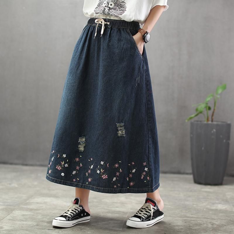 Efterår Tynd Loose Flower Brodery Retro Denim Nederdel