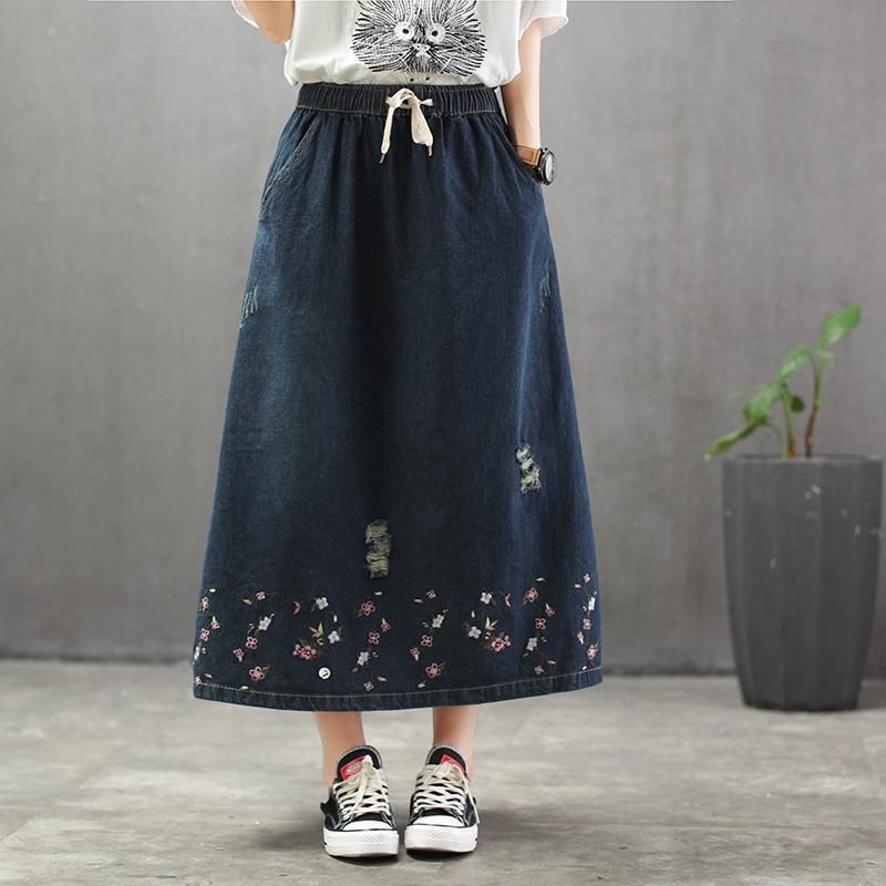 Efterår Tynd Loose Flower Brodery Retro Denim Nederdel