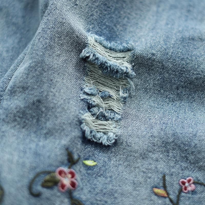 Efterår Tynd Loose Flower Brodery Retro Denim Nederdel